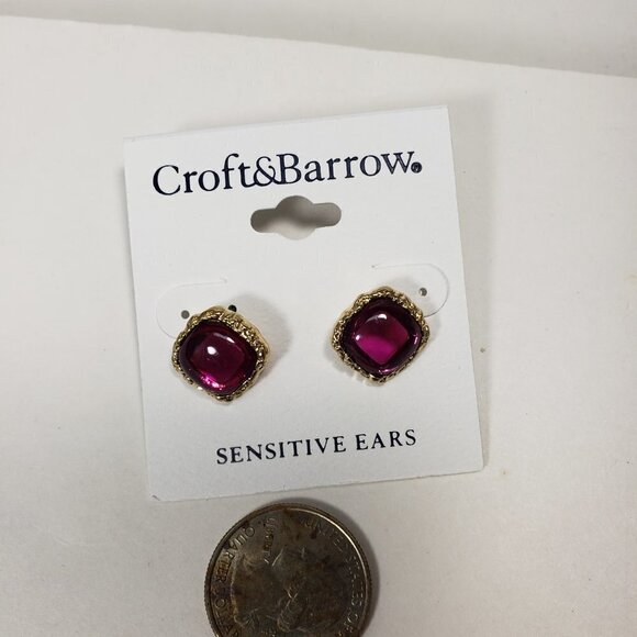 CROFT & BARROW, Gold-tone Pink Stone Square Design Stud Earrings Women's Jewelry - Picture 9 of 9